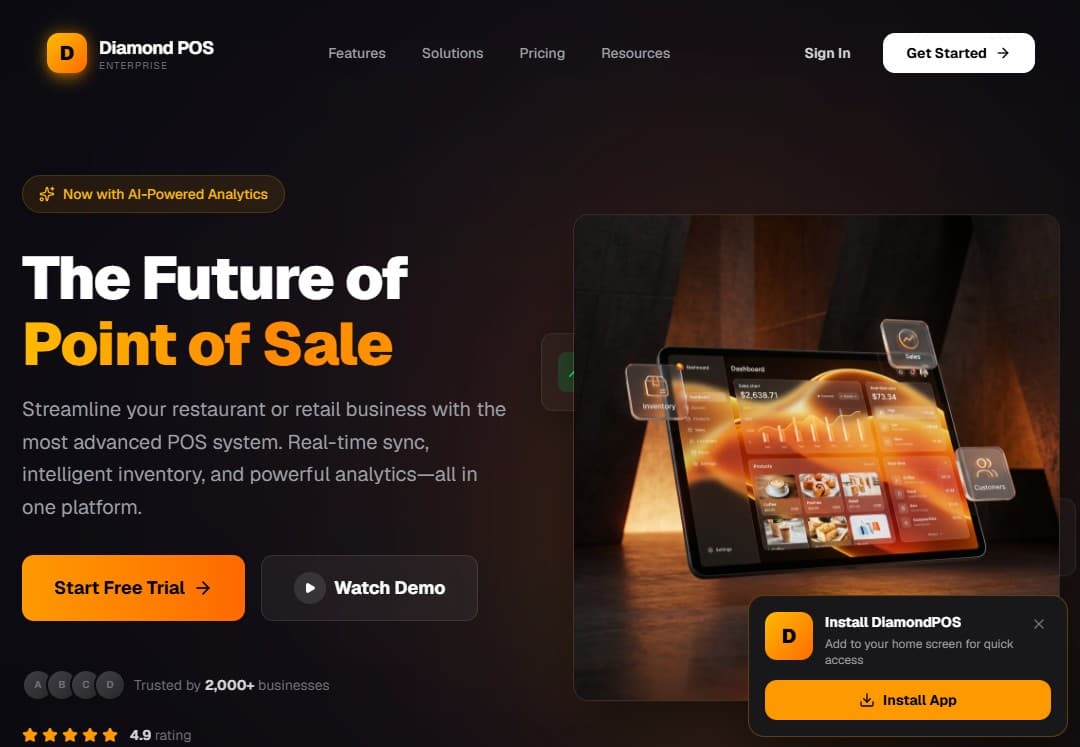 DiamondPOS landing — The Future of Point of Sale