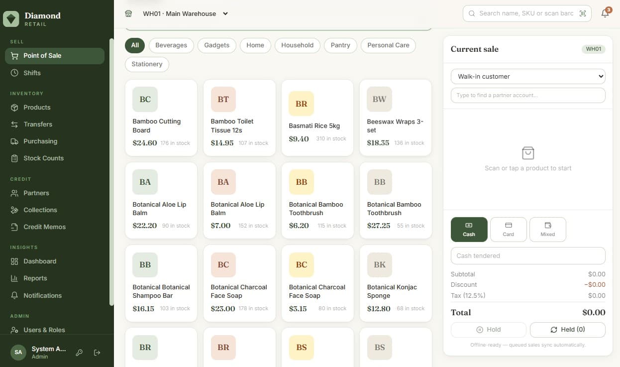 Diamond Retail point of sale with product grid and payments