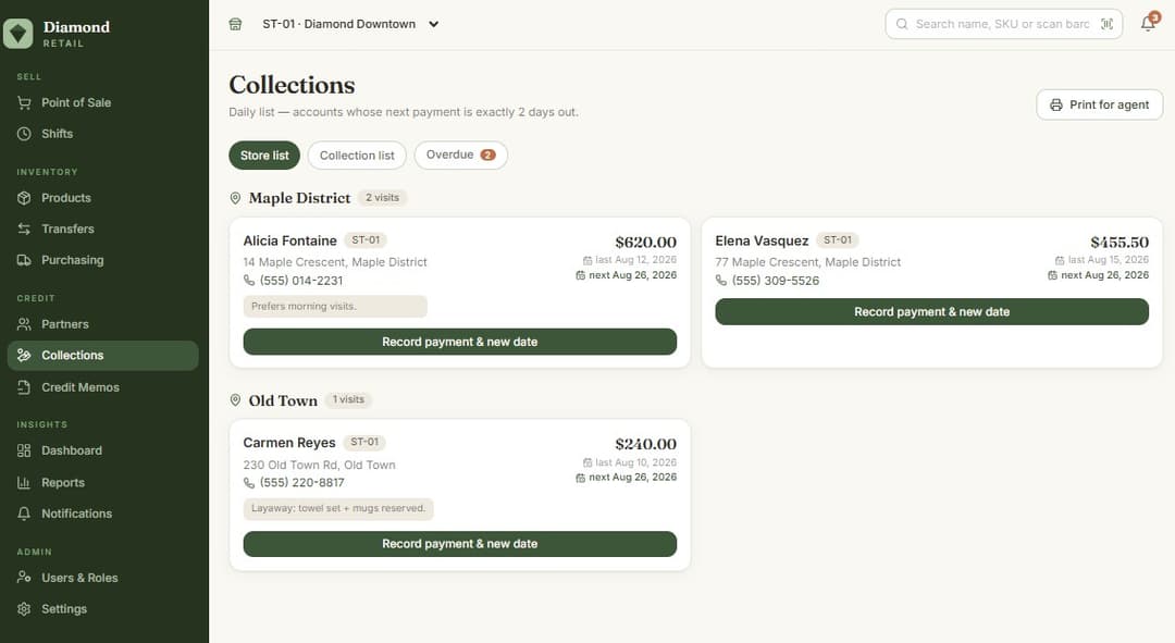 Diamond Retail collections list for credit accounts